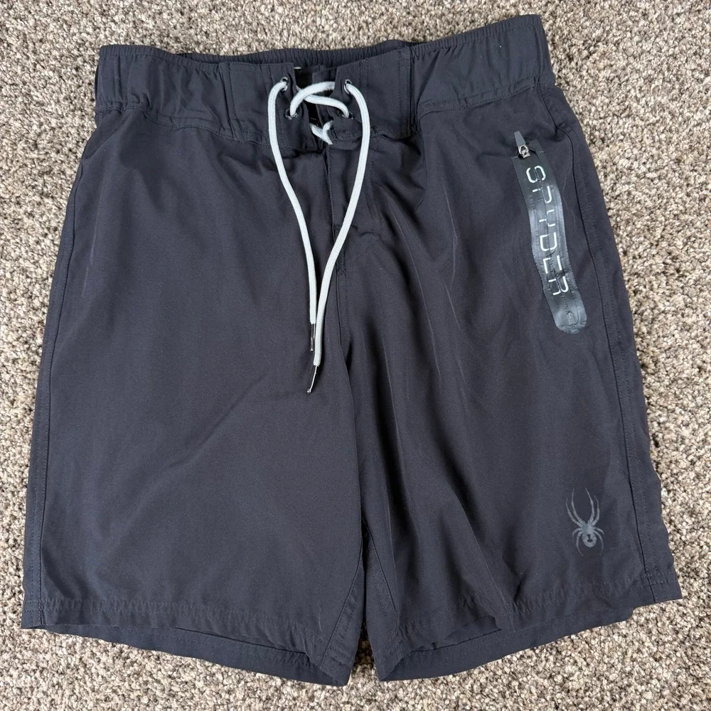 Spyder Mens Swim Trunks Black Board Shorts Zipper Pocket Drawstring 31 Waist